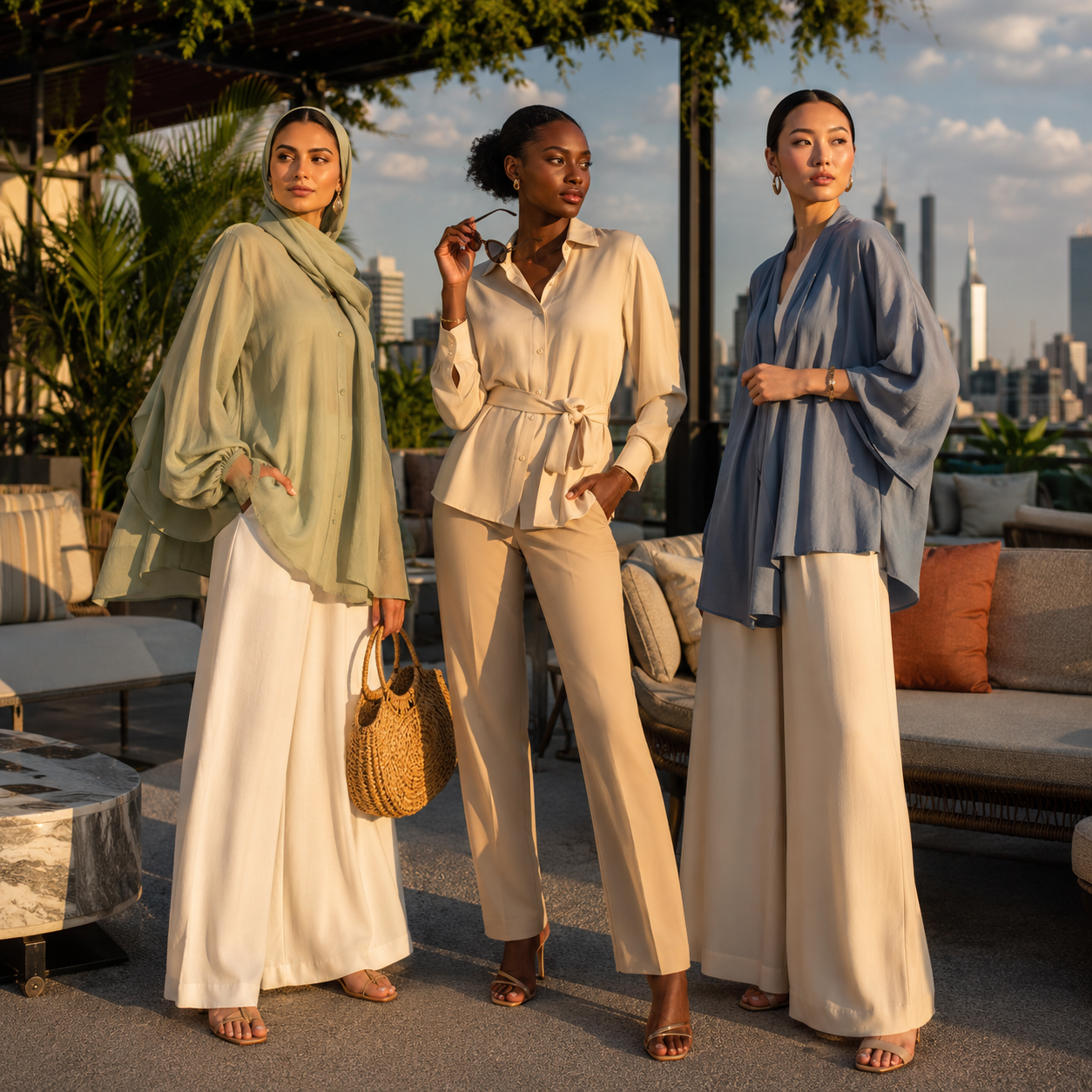 Women wearing pants from Mahara Atelier, enjoying a nice evening or day events, wearing with confidence.