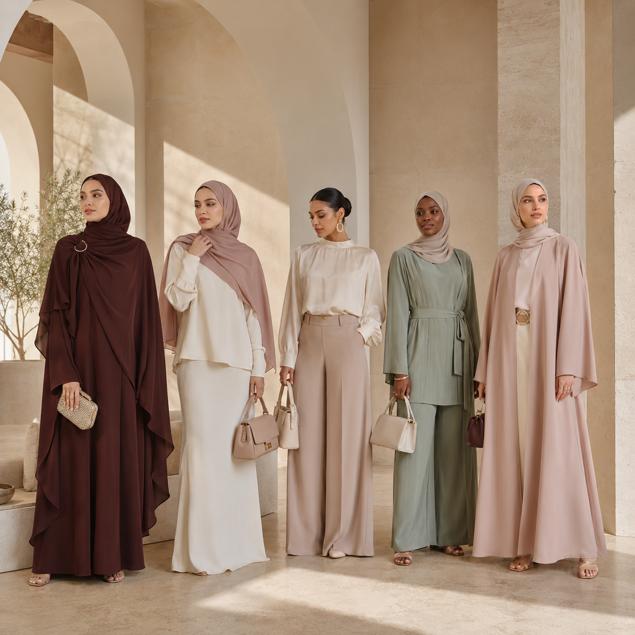 muslim women wearing timeless clothing pieces, trendy and bestselling abayas, bags, and hijabs.