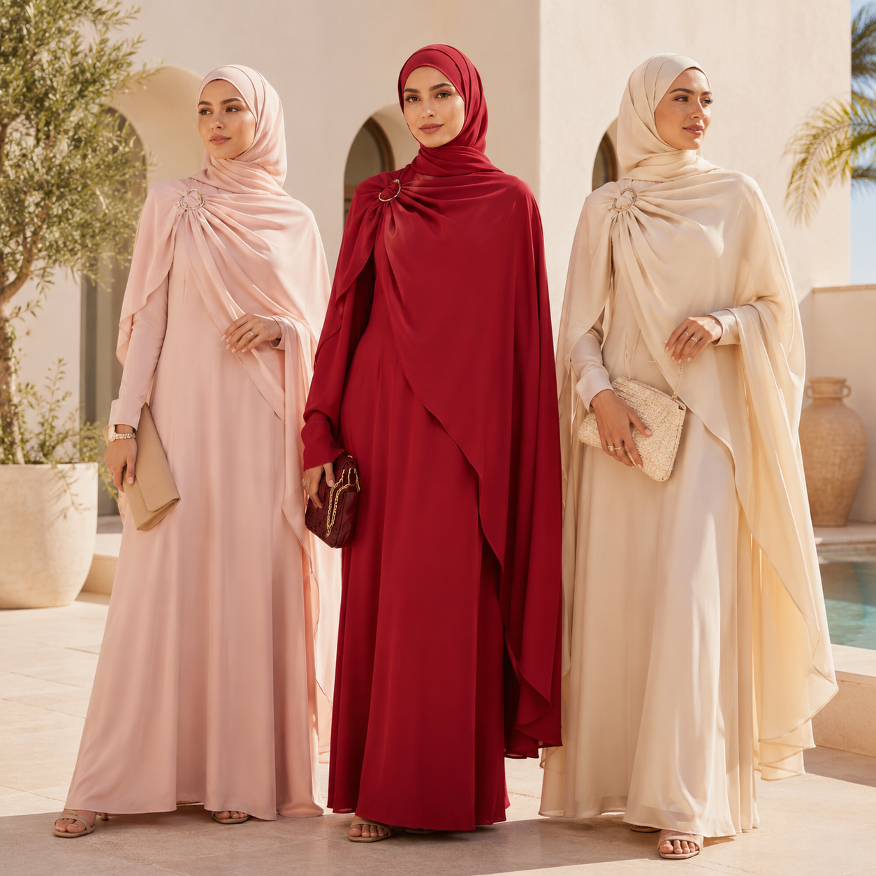 Women wearing summer collection abayas while enjoying the weather 