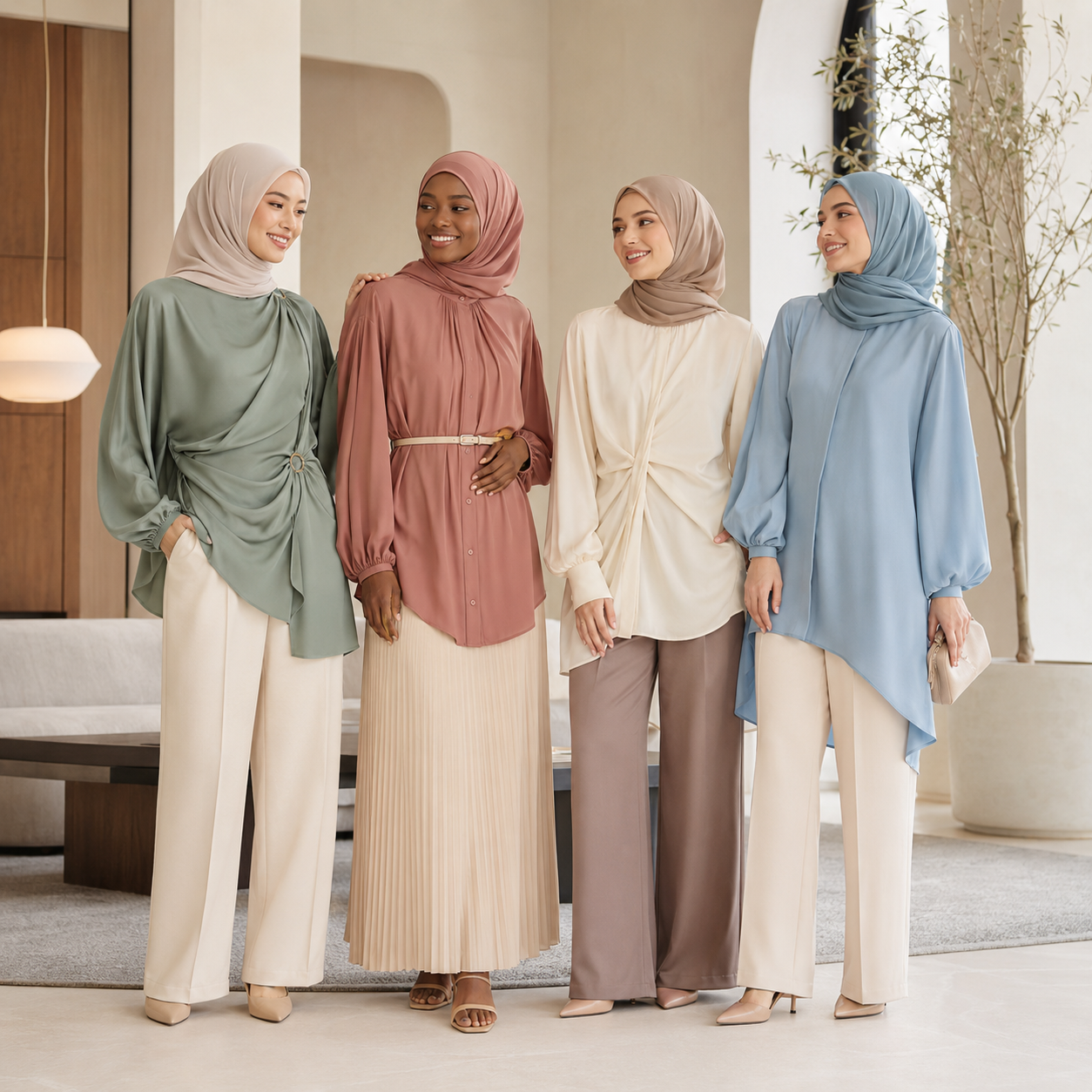 women wearing trendy tops for muslim women feeling confident and enjoying lunch and evening outgoings.