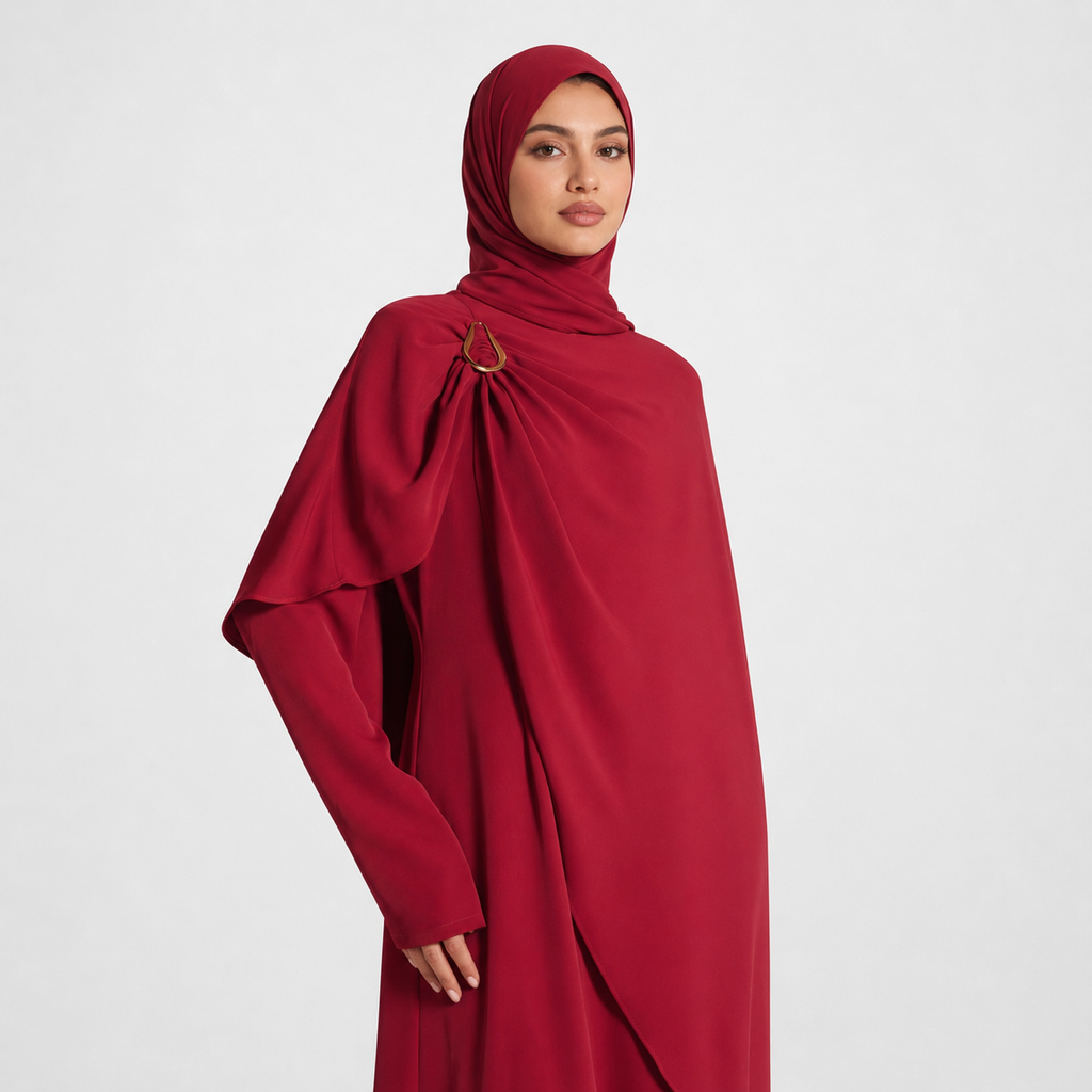 Red Cape Maxi Dress with Gold Hardware Accents