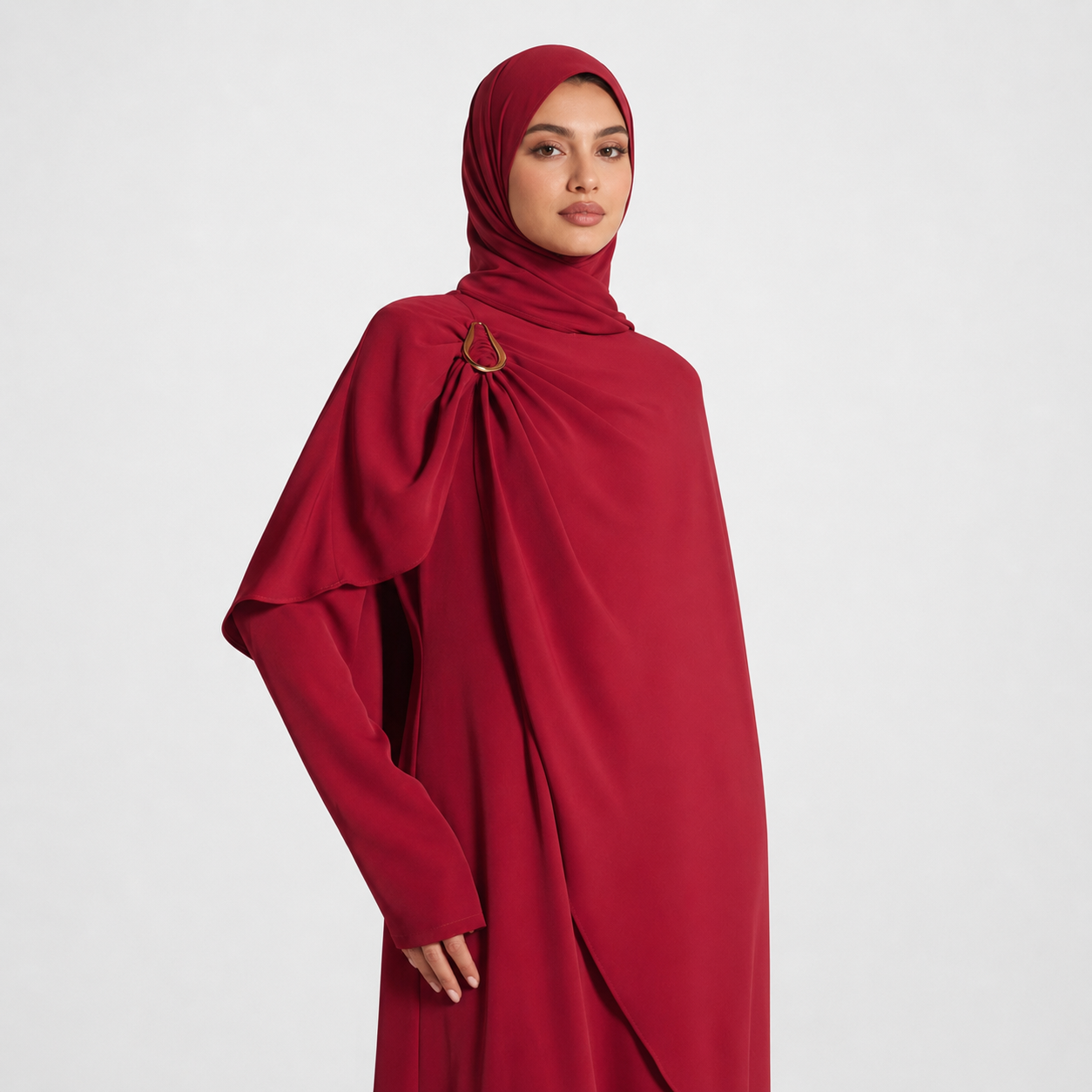 Red Cape Maxi Dress with Gold Hardware Accents
