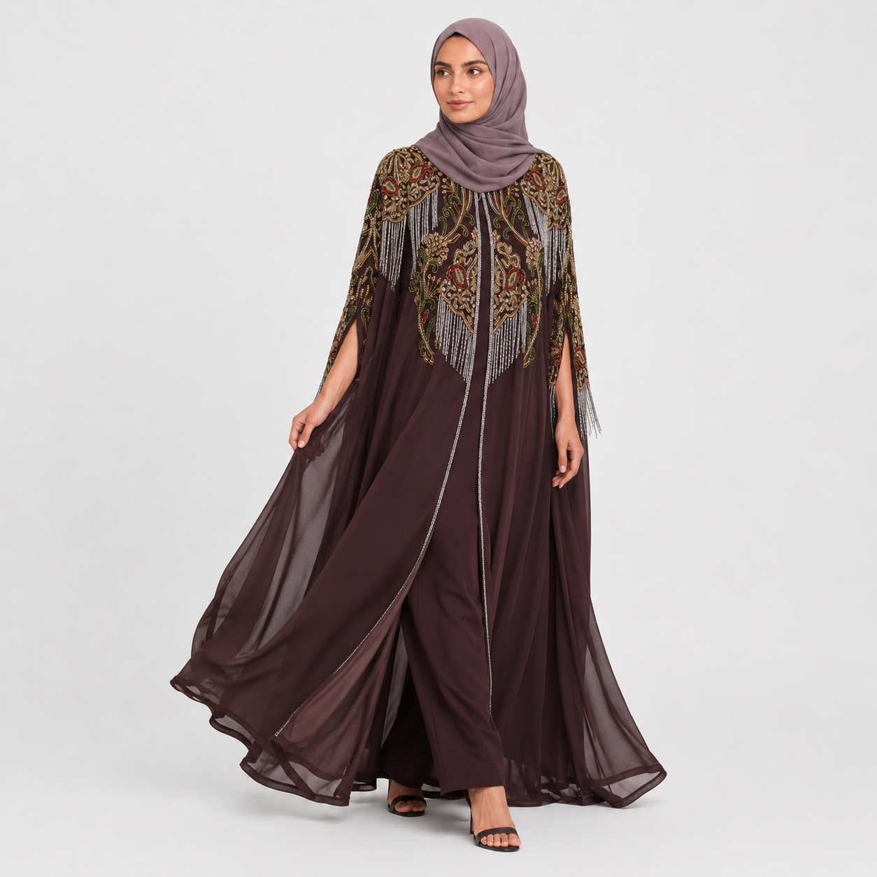 Luxury Embellished Cape – Brown Mahogany