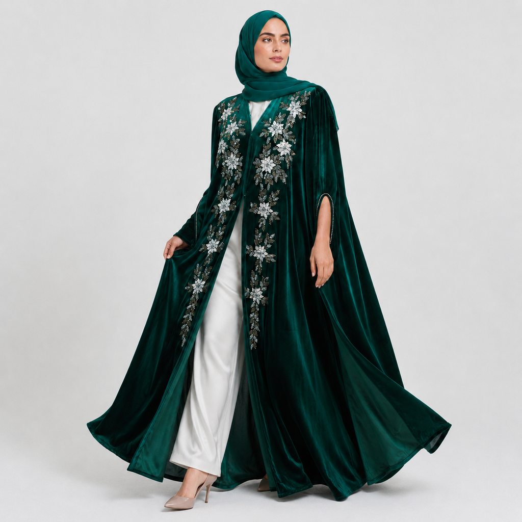 Luxury Emerald Green Embellished Cape with Pearl Details