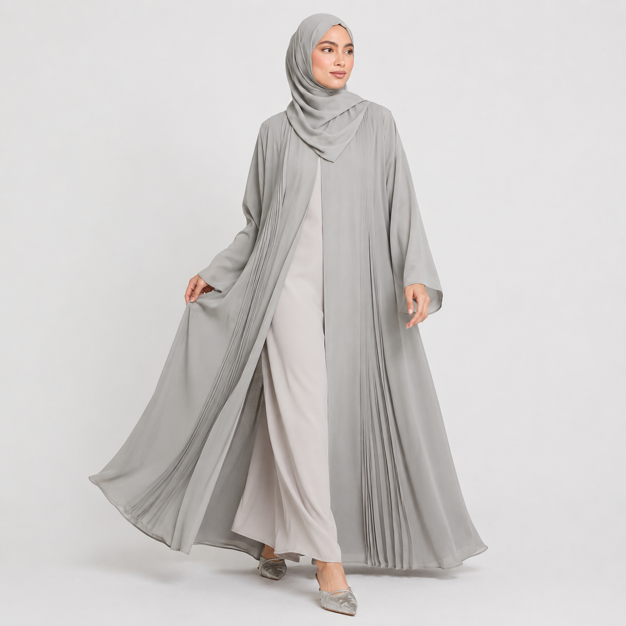 Chiffon Pleated Open Abaya – Smoked Gray