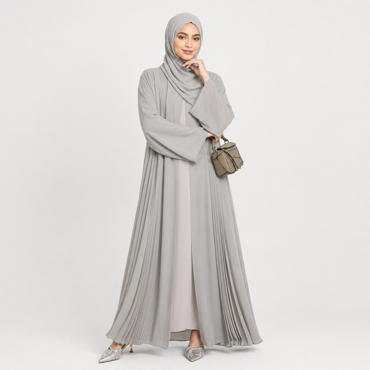 Chiffon Pleated Open Abaya – Smoked Gray