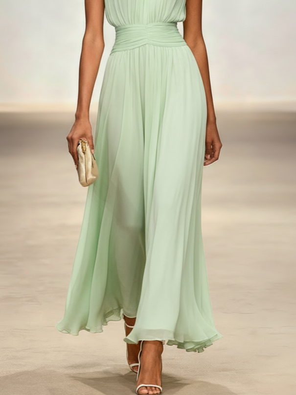 Ruched Chiffon Sleeveless A-Line Maxi Dress