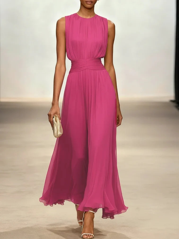 Ruched Chiffon Sleeveless A-Line Maxi Dress