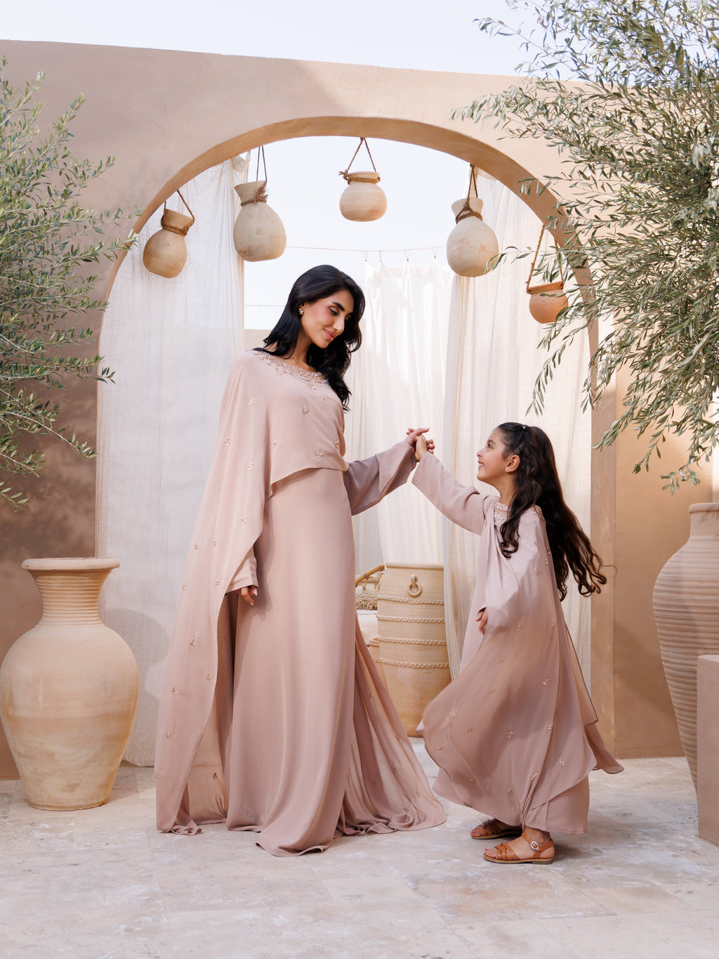 Pink Chiffon Cape Abaya with Beaded Neckline and Belt