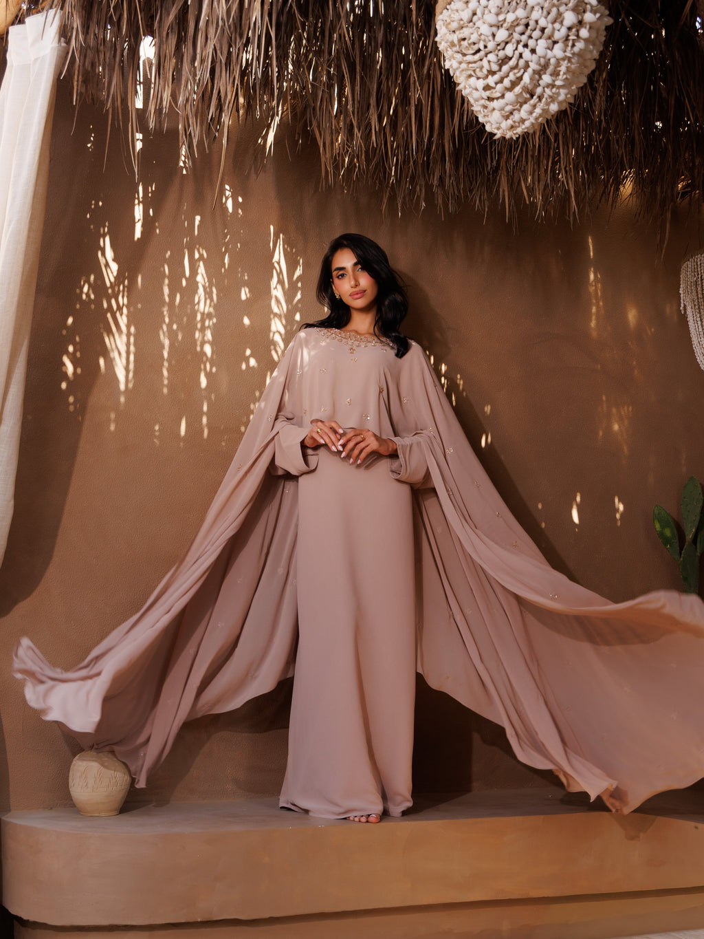 Pink Chiffon Cape Abaya with Beaded Neckline and Belt