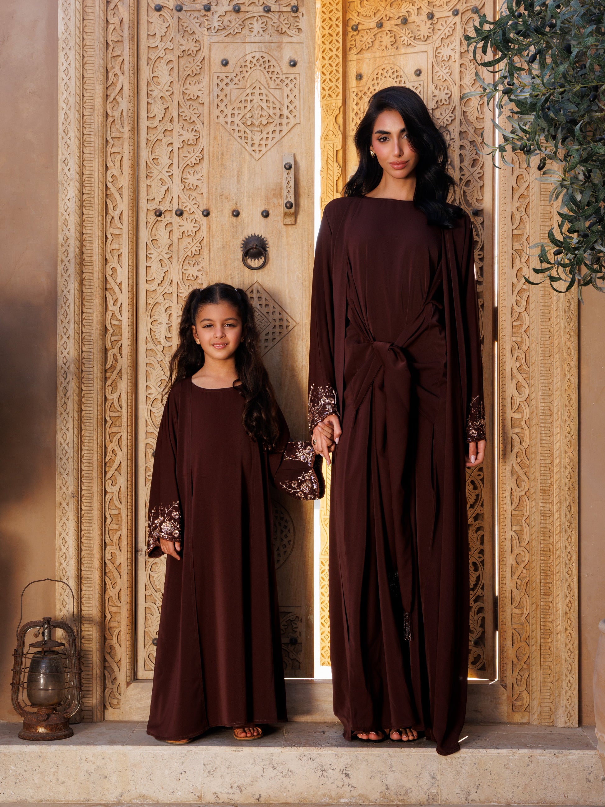 Brown Embellished Open Abaya with Gold Floral Detail