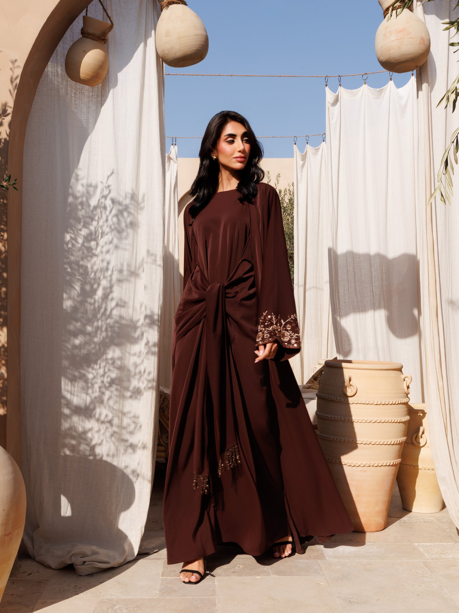 Brown Embellished Open Abaya with Gold Floral Detail