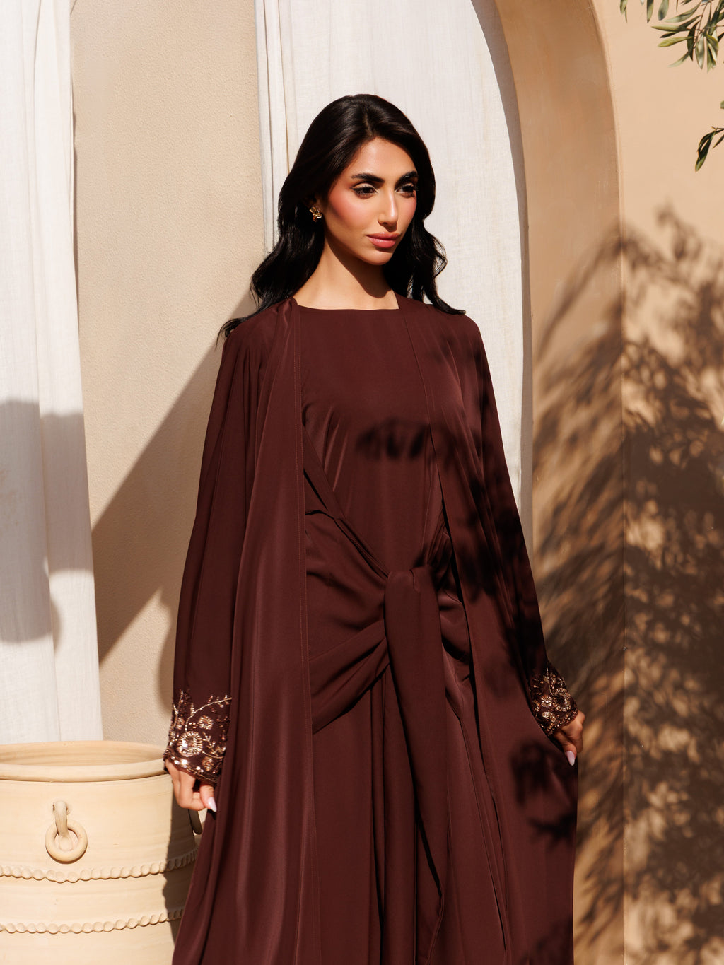 Brown Embellished Open Abaya with Gold Floral Detail
