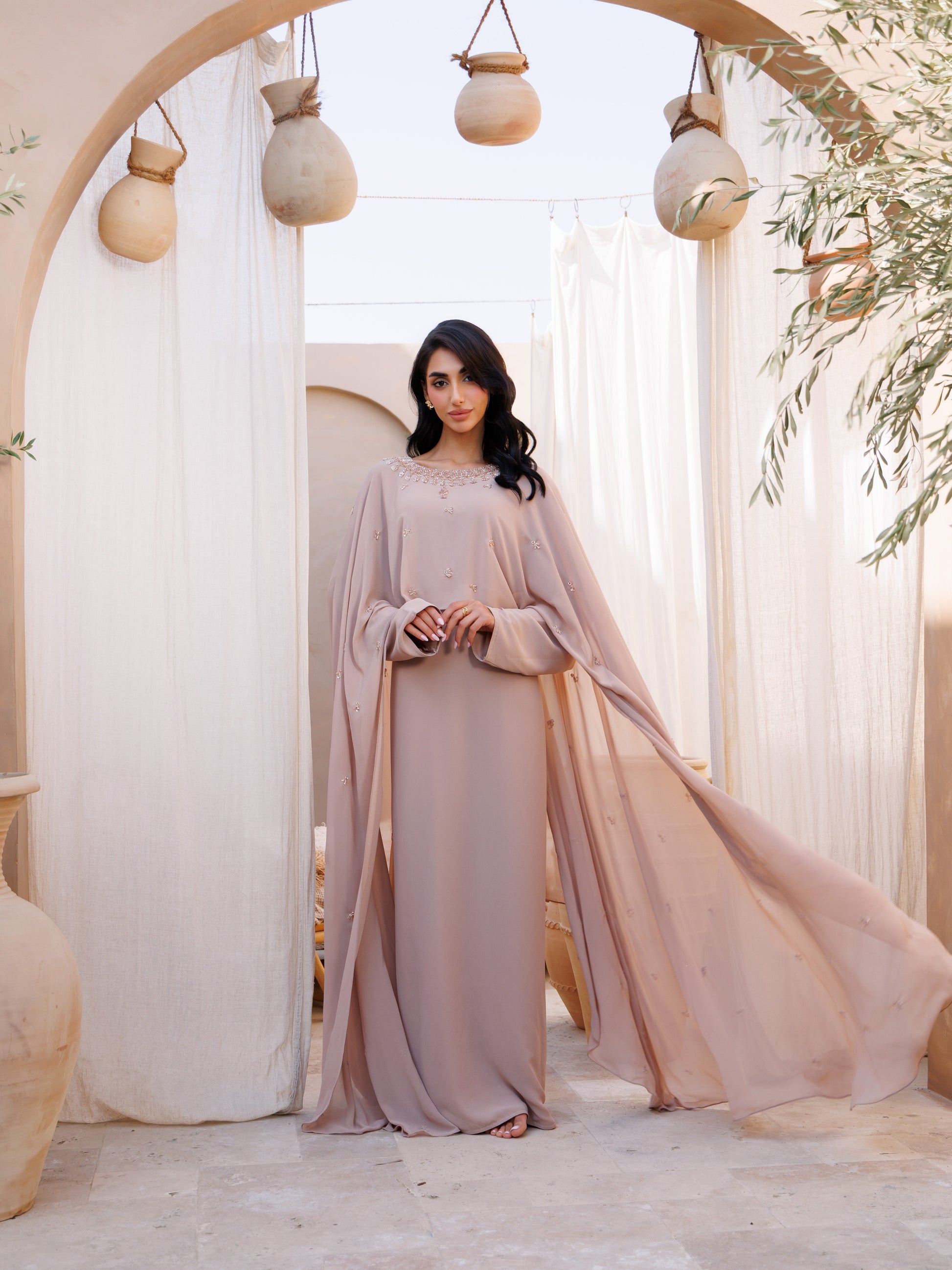 Pink Chiffon Cape Abaya with Beaded Neckline and Belt