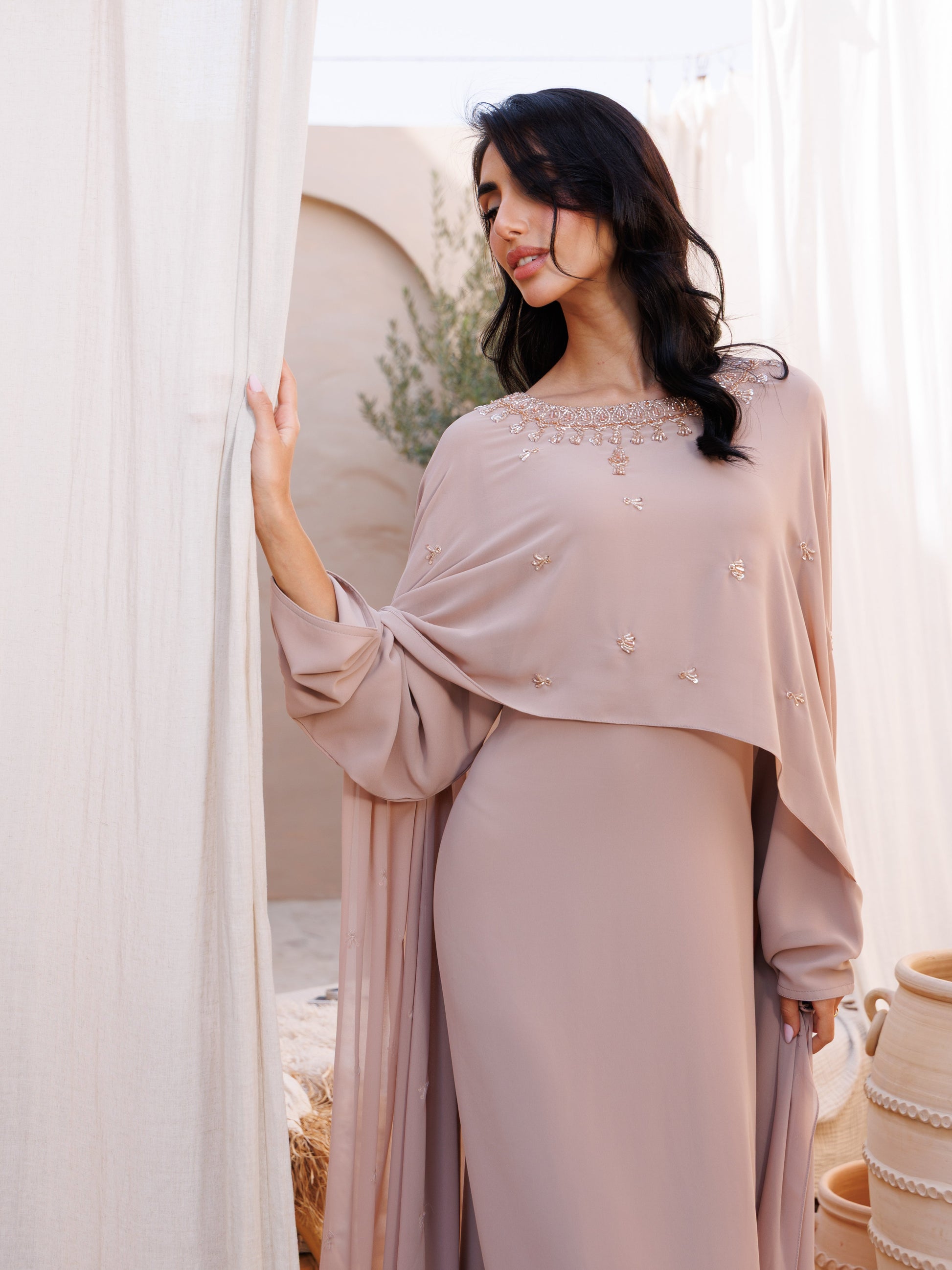 Pink Chiffon Cape Abaya with Beaded Neckline and Belt