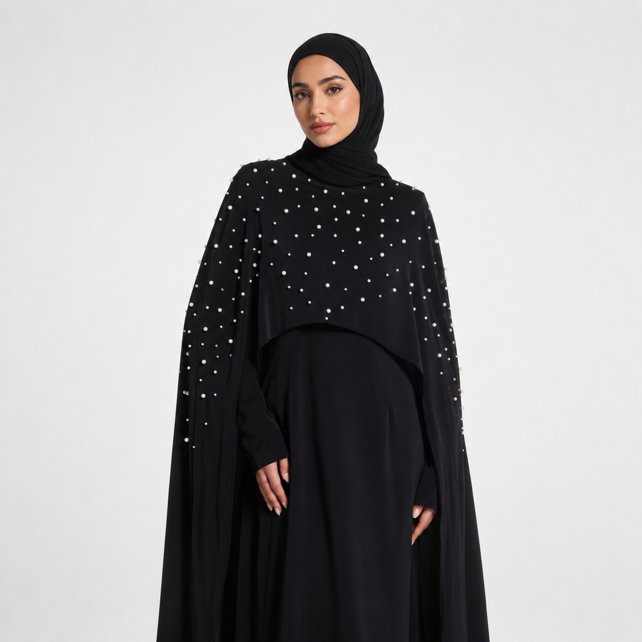 Black Cape Abaya with Pearl Detail