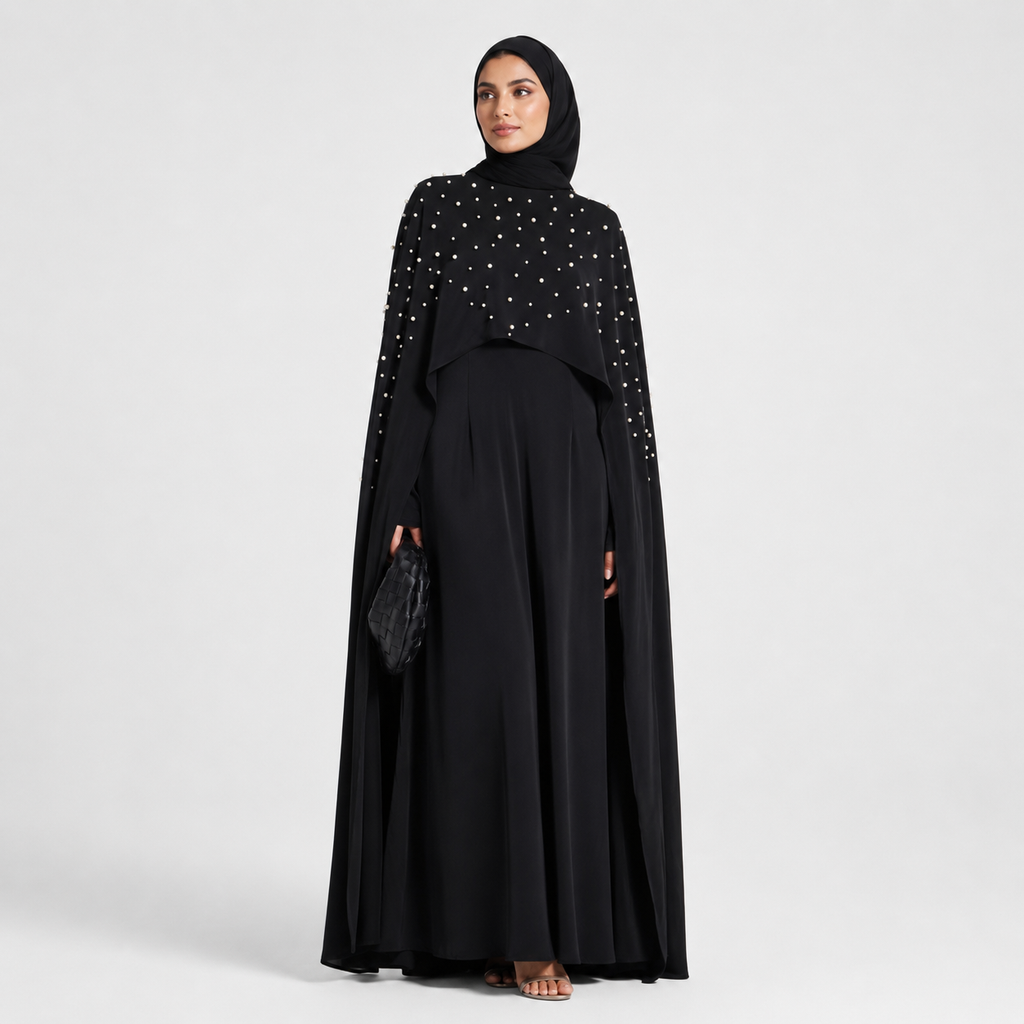 Black Cape Abaya with Pearl Detail