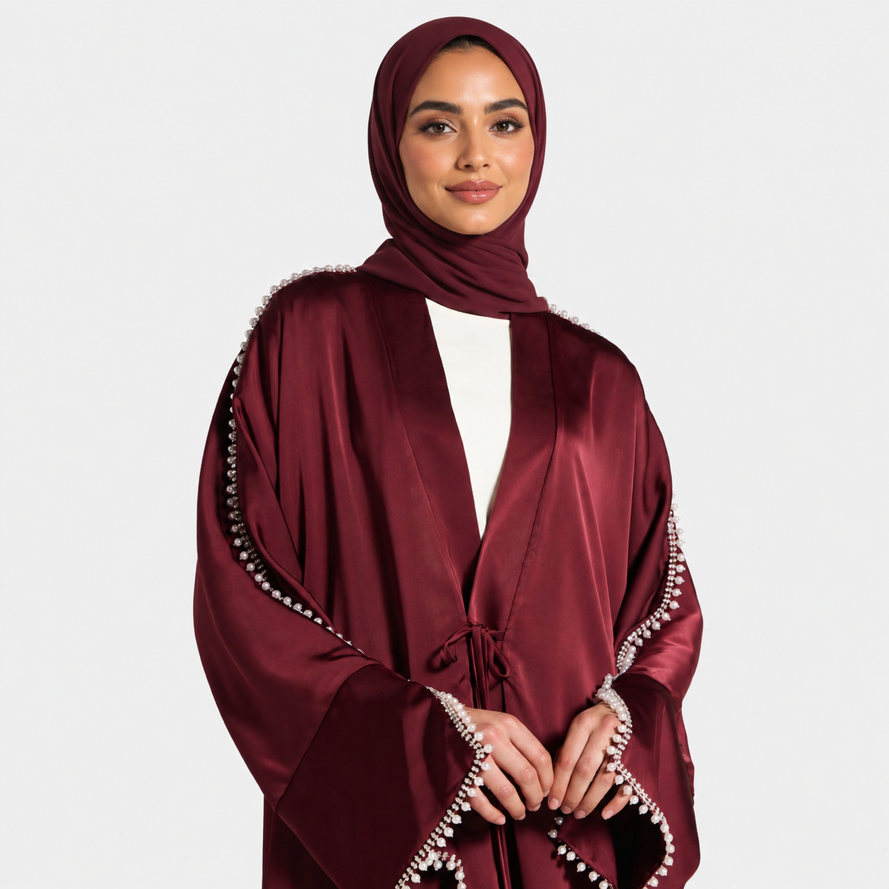 Burgundy Open Abaya with Shimmering Crystal Sleeves