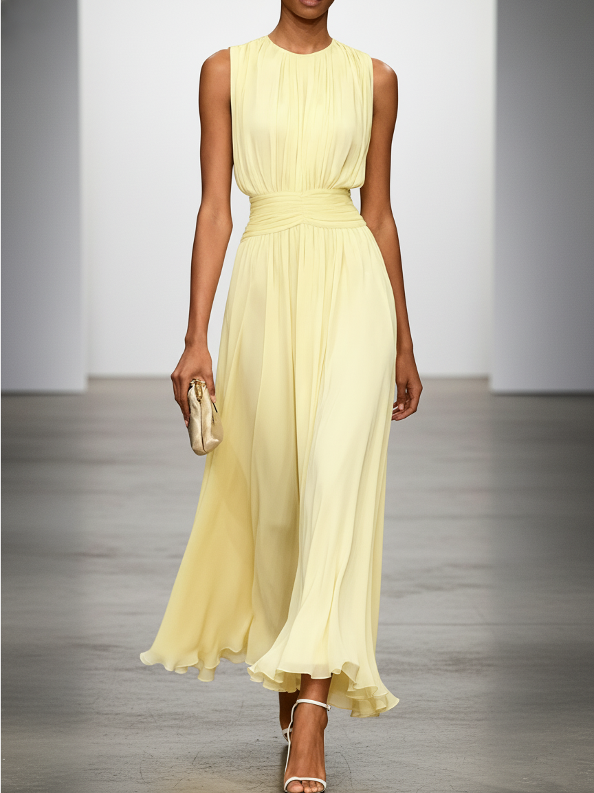 Ruched Chiffon Sleeveless A-Line Maxi Dress