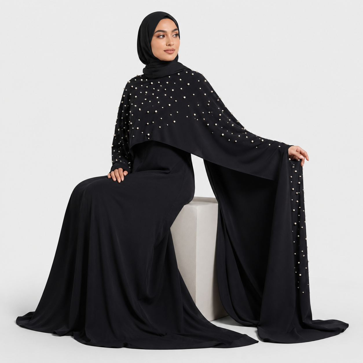 Black Cape Abaya with Pearl Detail