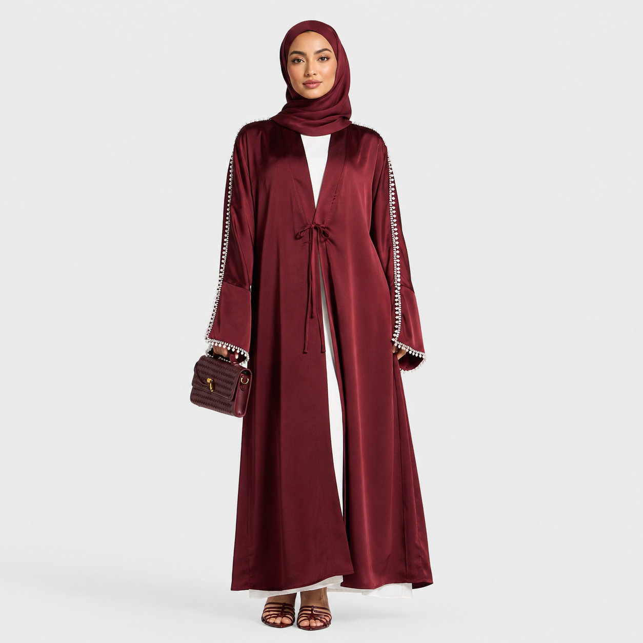 Burgundy Open Abaya with Shimmering Crystal Sleeves