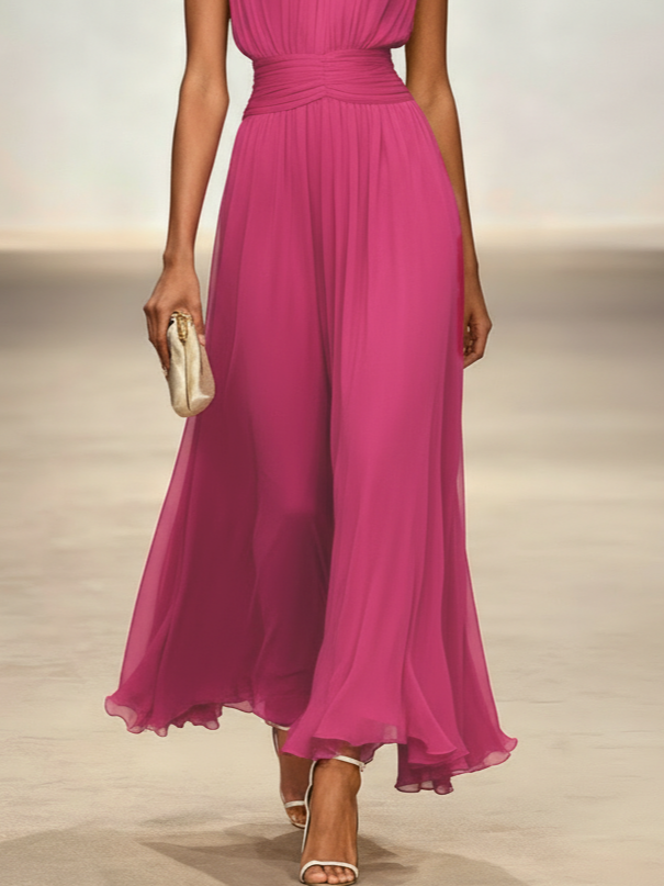 Ruched Chiffon Sleeveless A-Line Maxi Dress