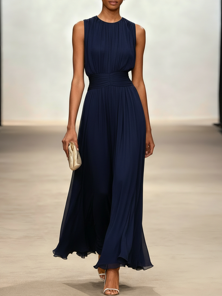 Ruched Chiffon Sleeveless A-Line Maxi Dress
