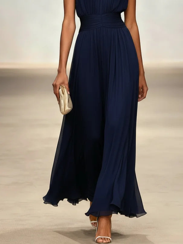 Ruched Chiffon Sleeveless A-Line Maxi Dress