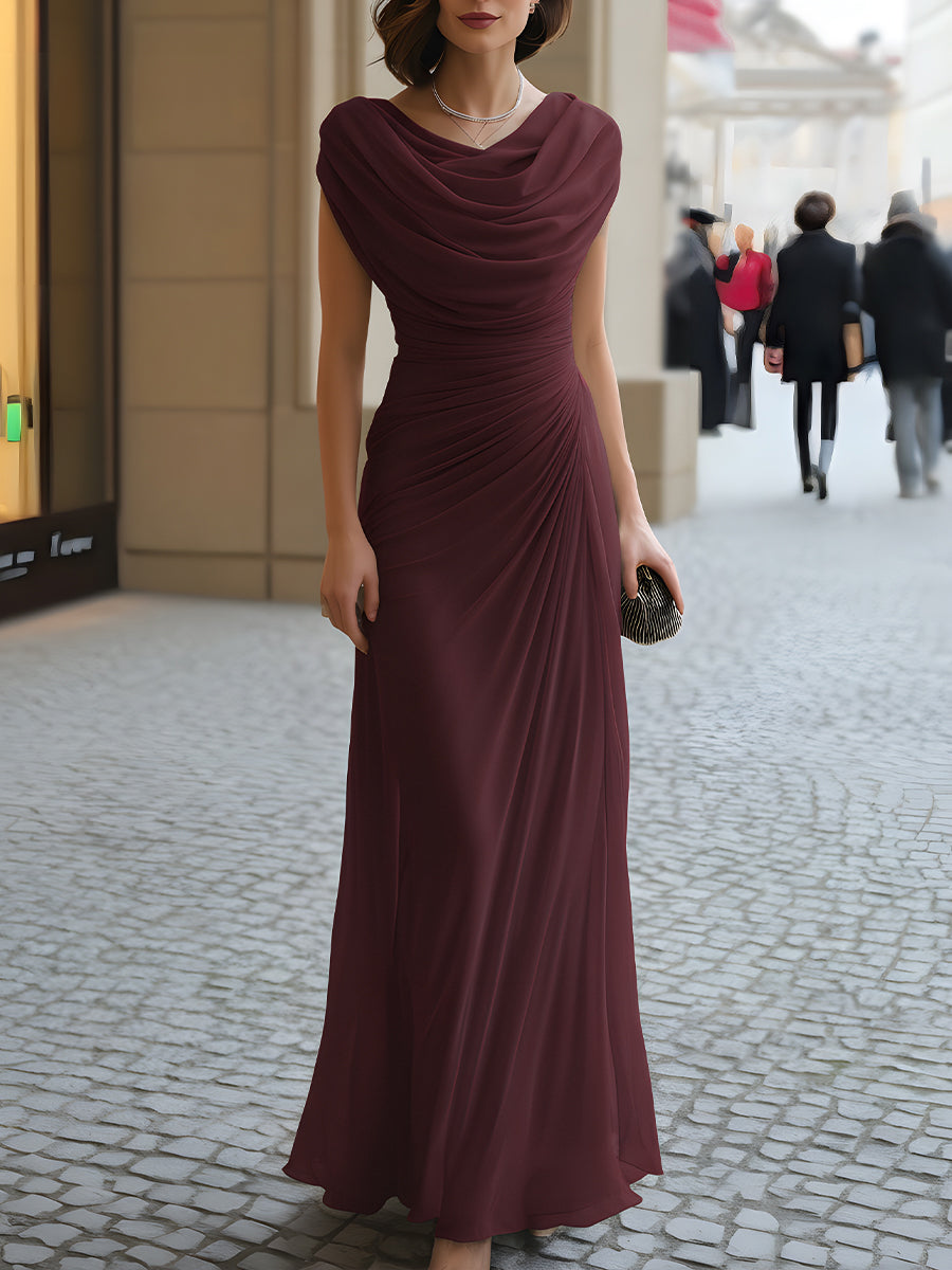 Elegant Cowl Neck Ruched Maxi Dress