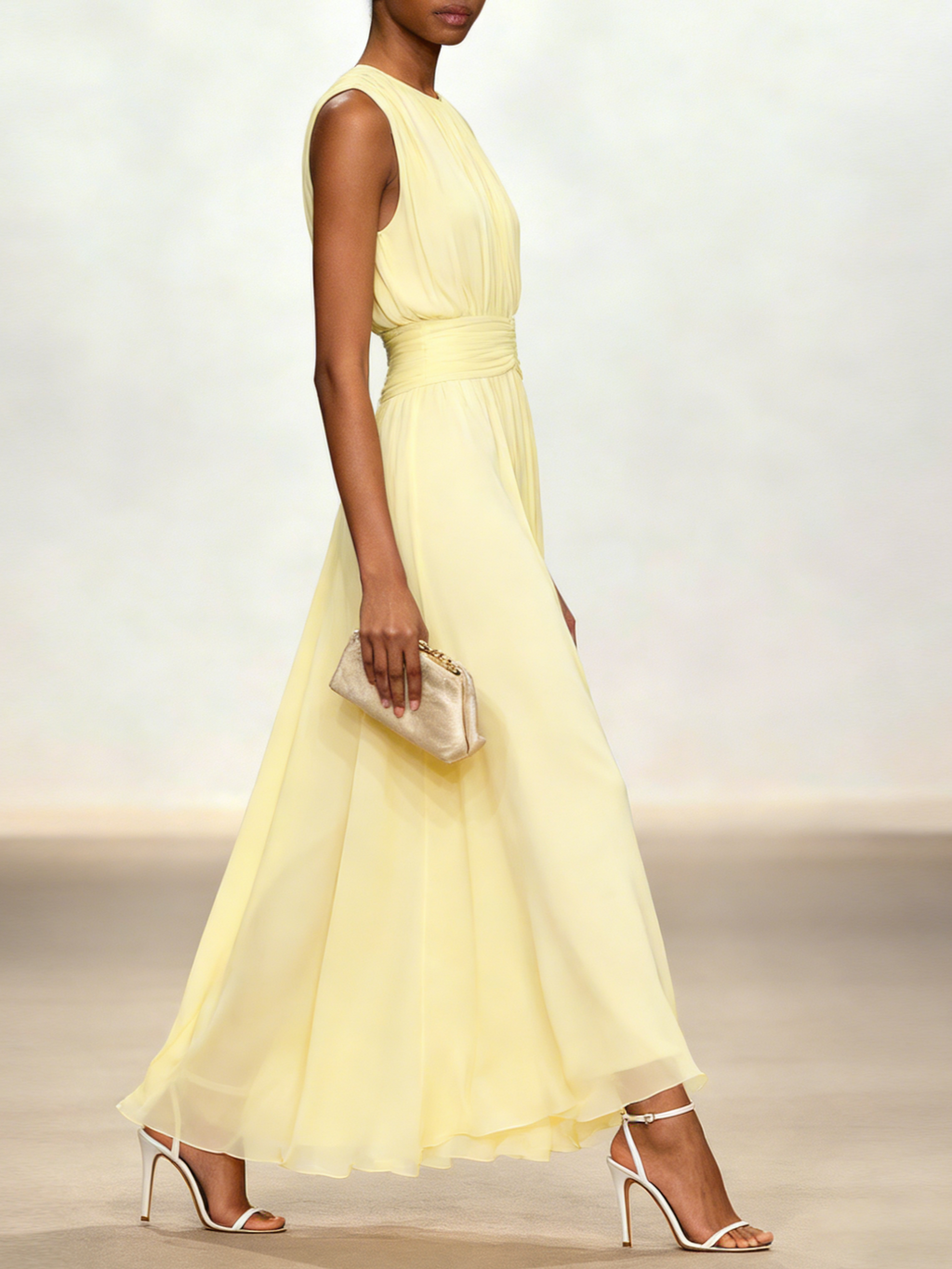 Ruched Chiffon Sleeveless A-Line Maxi Dress