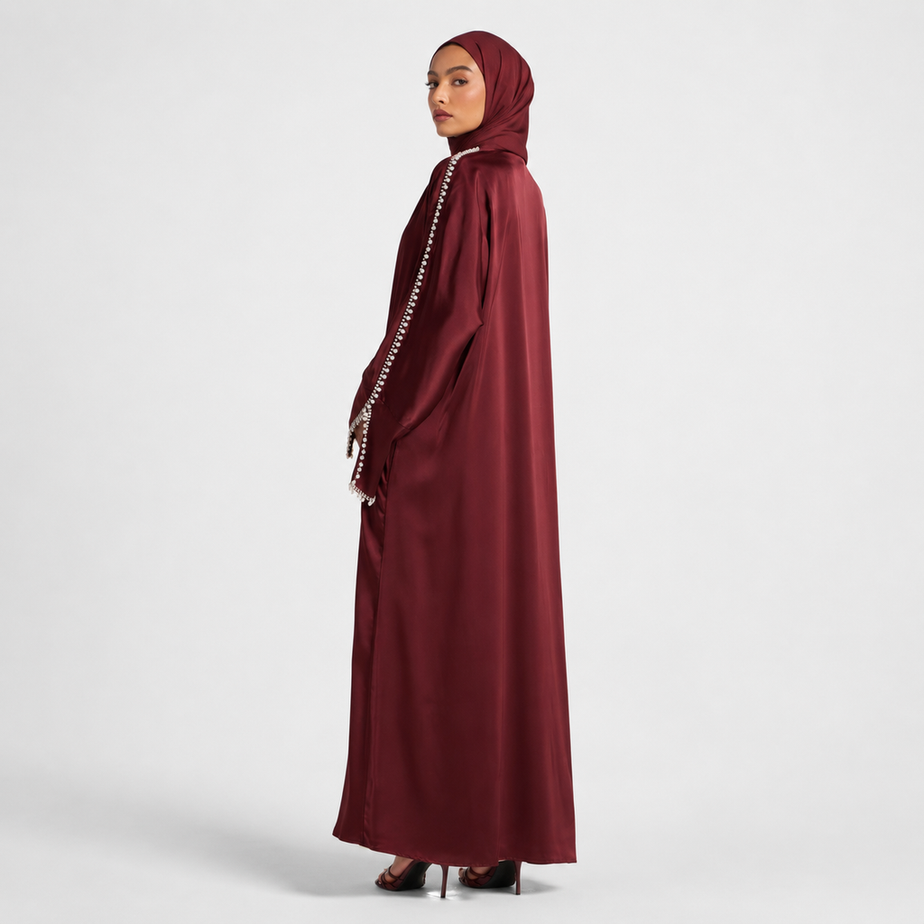 Burgundy Open Abaya with Shimmering Crystal Sleeves