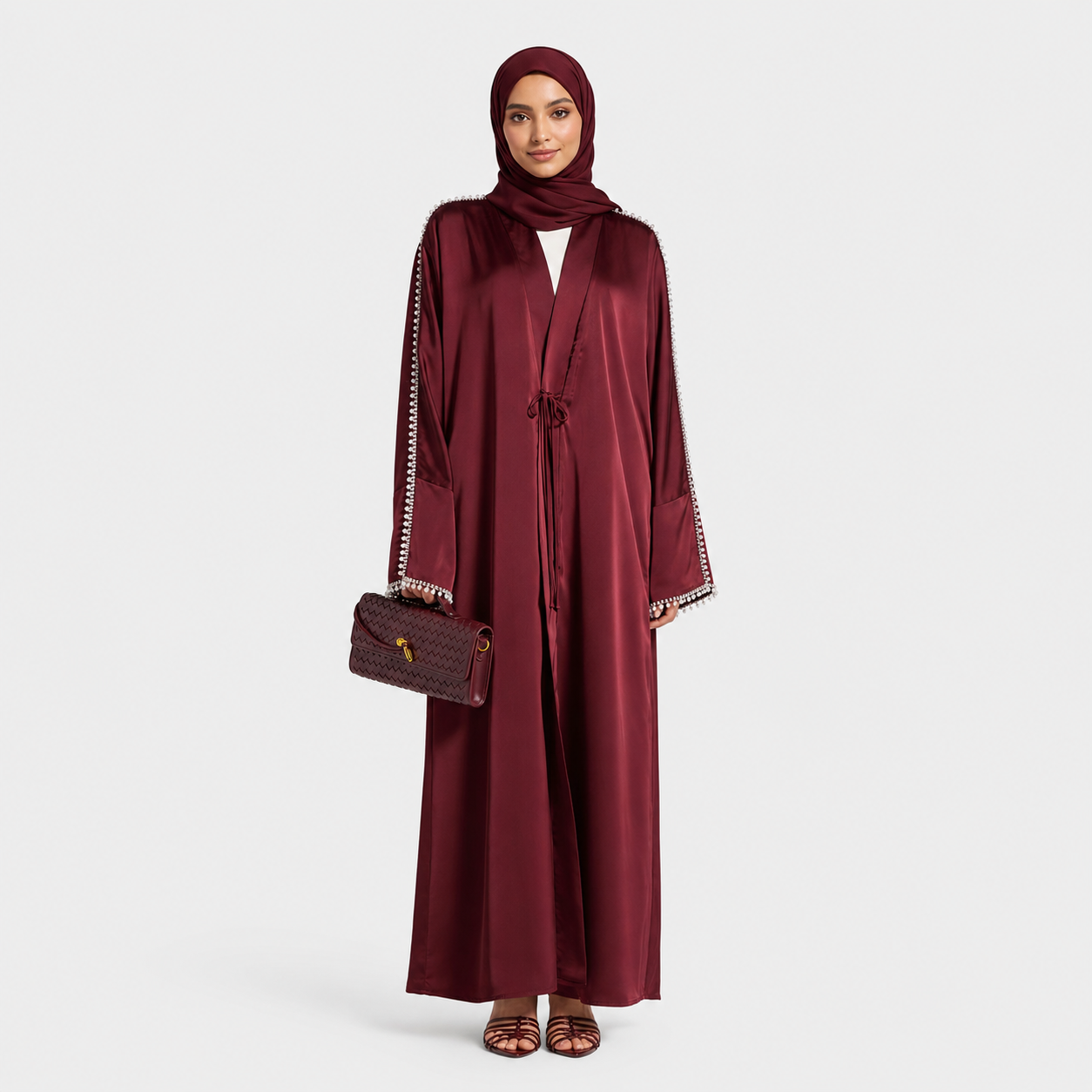 Burgundy Open Abaya with Shimmering Crystal Sleeves