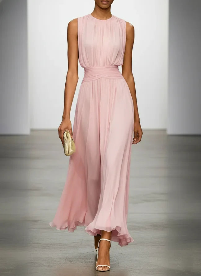 Ruched Chiffon Sleeveless A-Line Maxi Dress