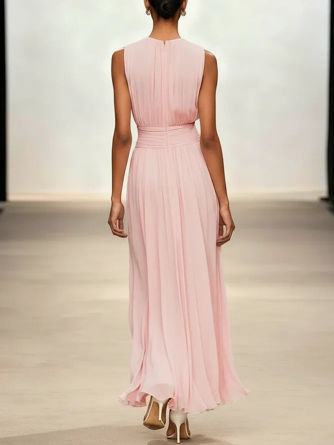 Ruched Chiffon Sleeveless A-Line Maxi Dress