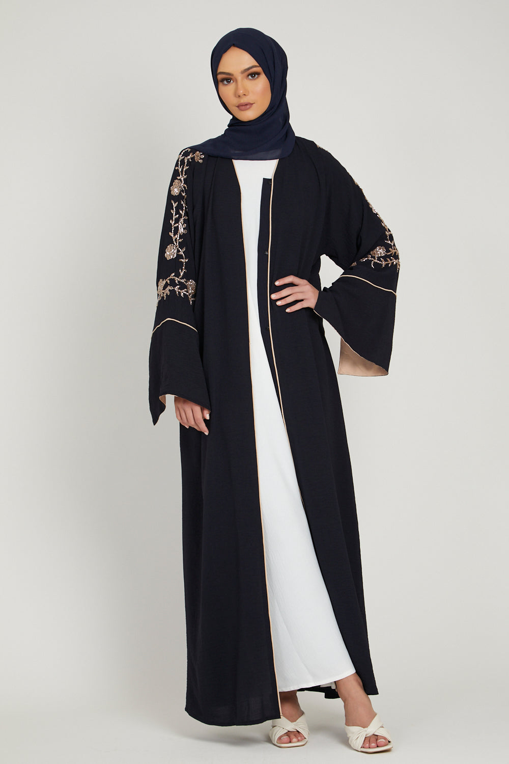 Navy Open Abaya with Contrast Slit Cuffs
