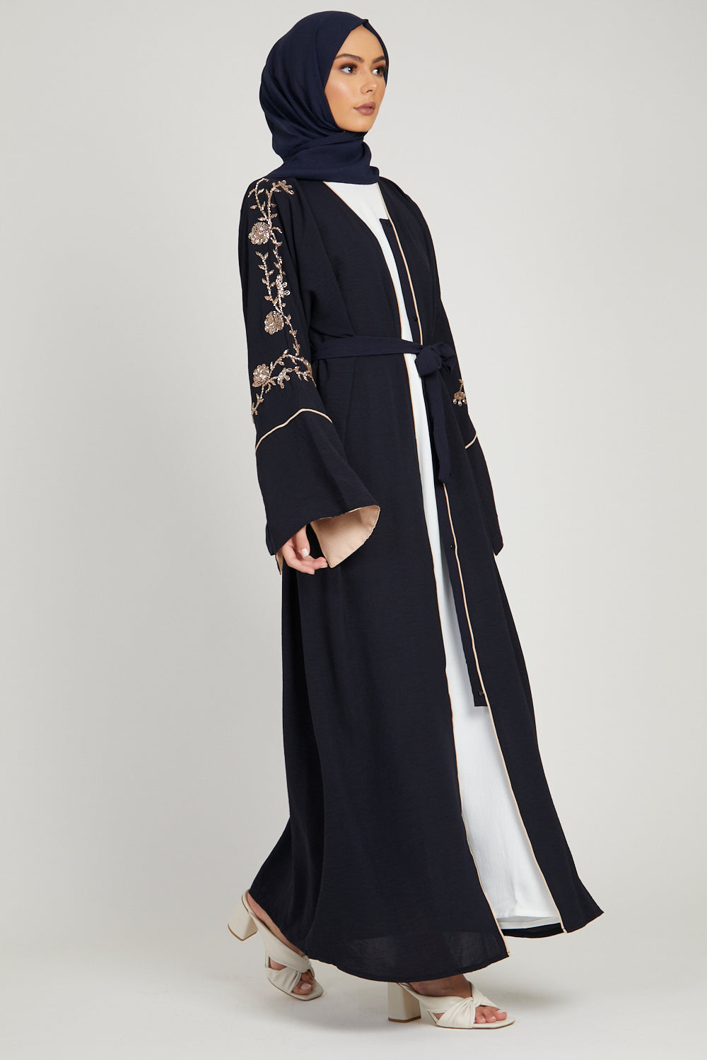 Navy Open Abaya with Contrast Slit Cuffs