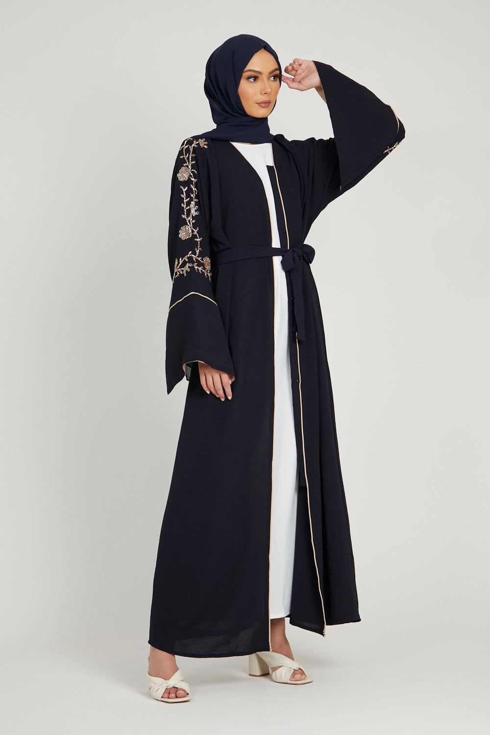 Navy Open Abaya with Contrast Slit Cuffs