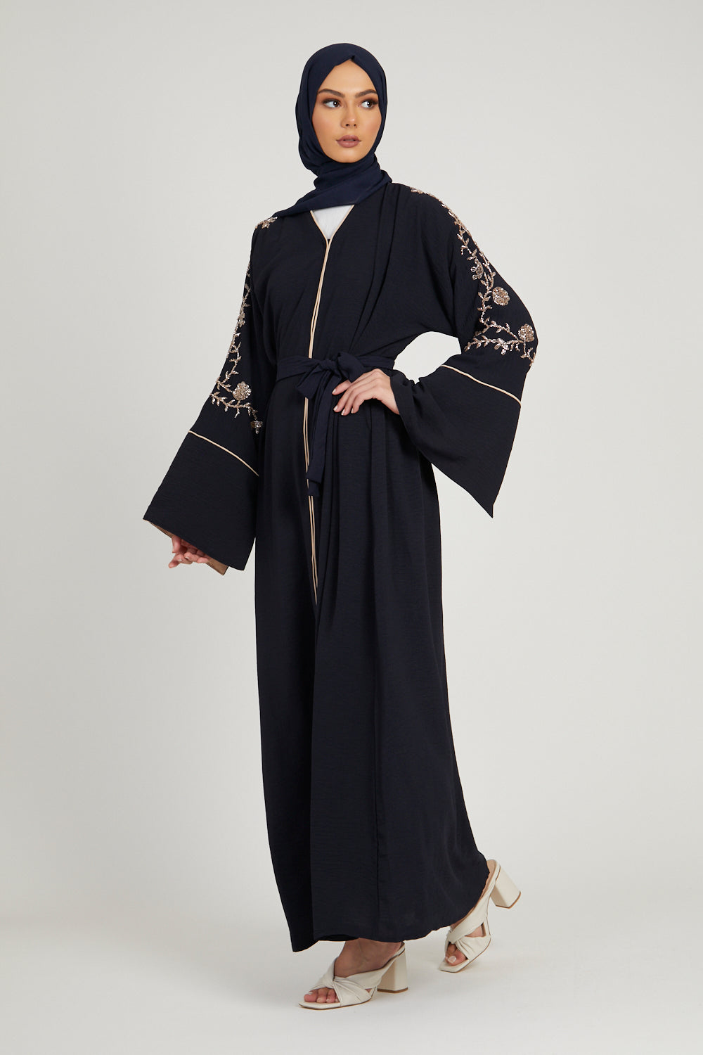 Navy Open Abaya with Contrast Slit Cuffs