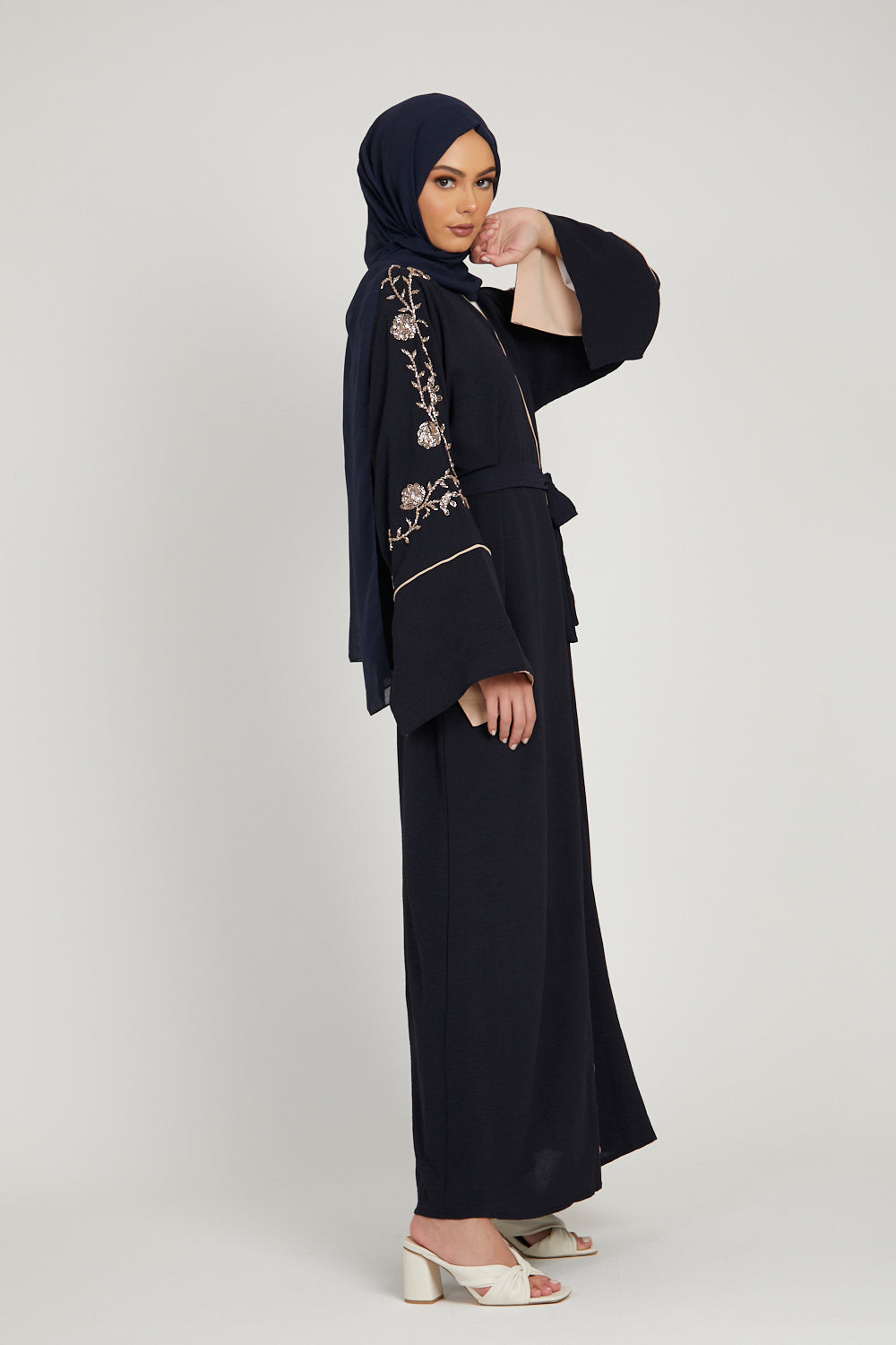 Navy Open Abaya with Contrast Slit Cuffs