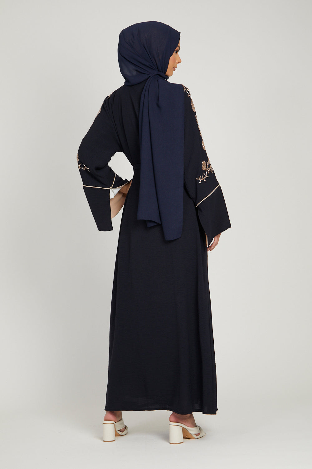 Navy Open Abaya with Contrast Slit Cuffs