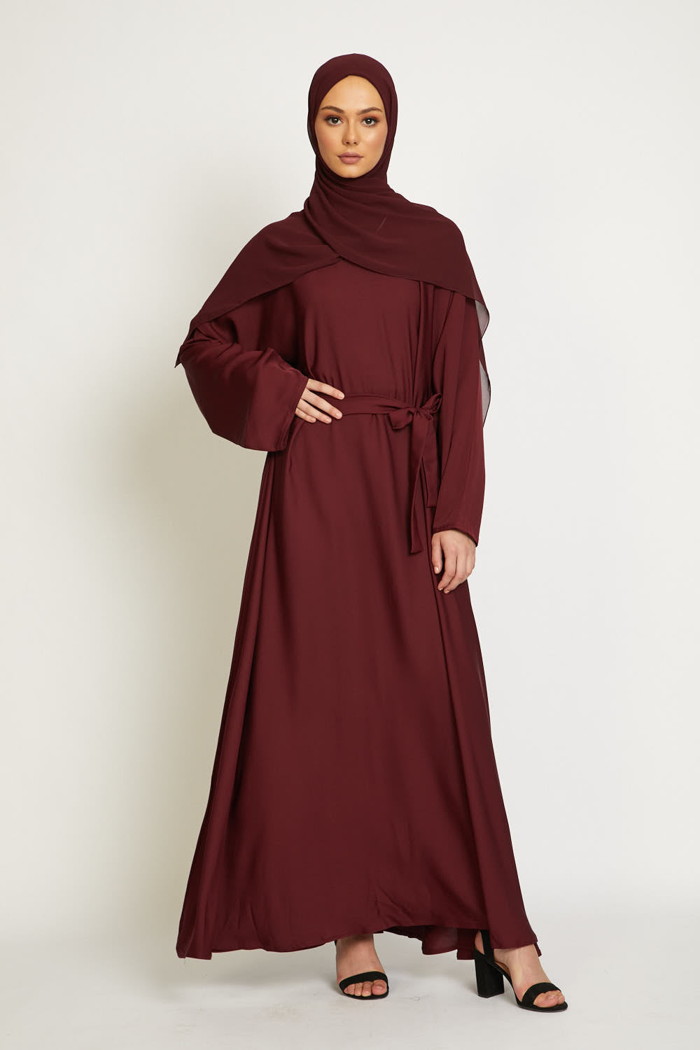 Elegant Deep Red Umbrella Cut Abaya