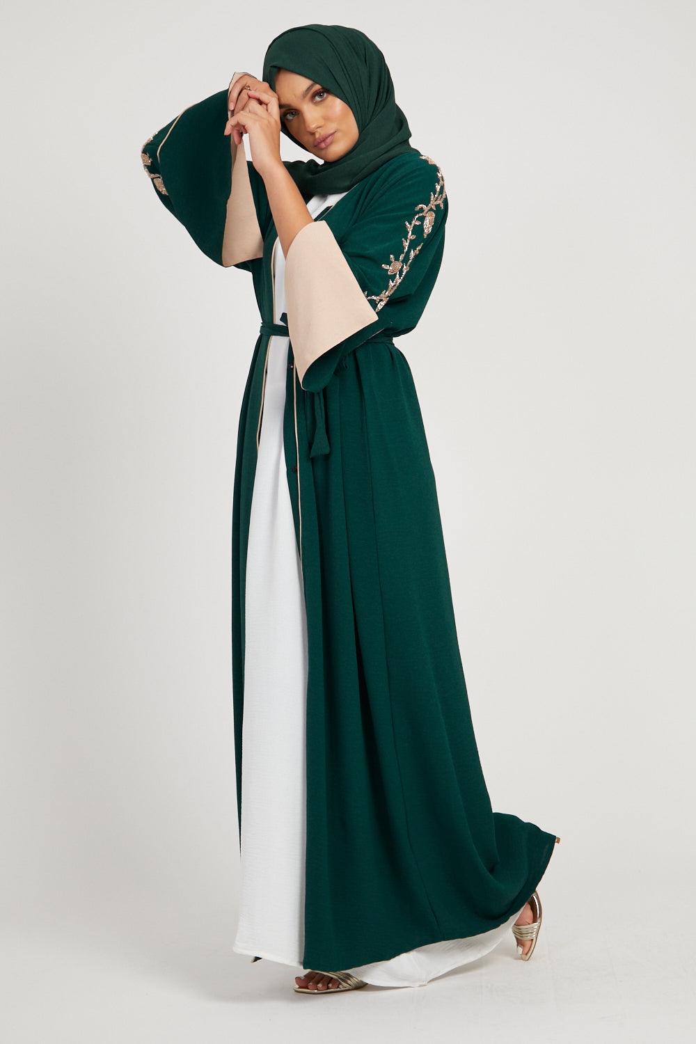 Emerald Green Open Abaya with Floral Detail and Contrast Cuffs