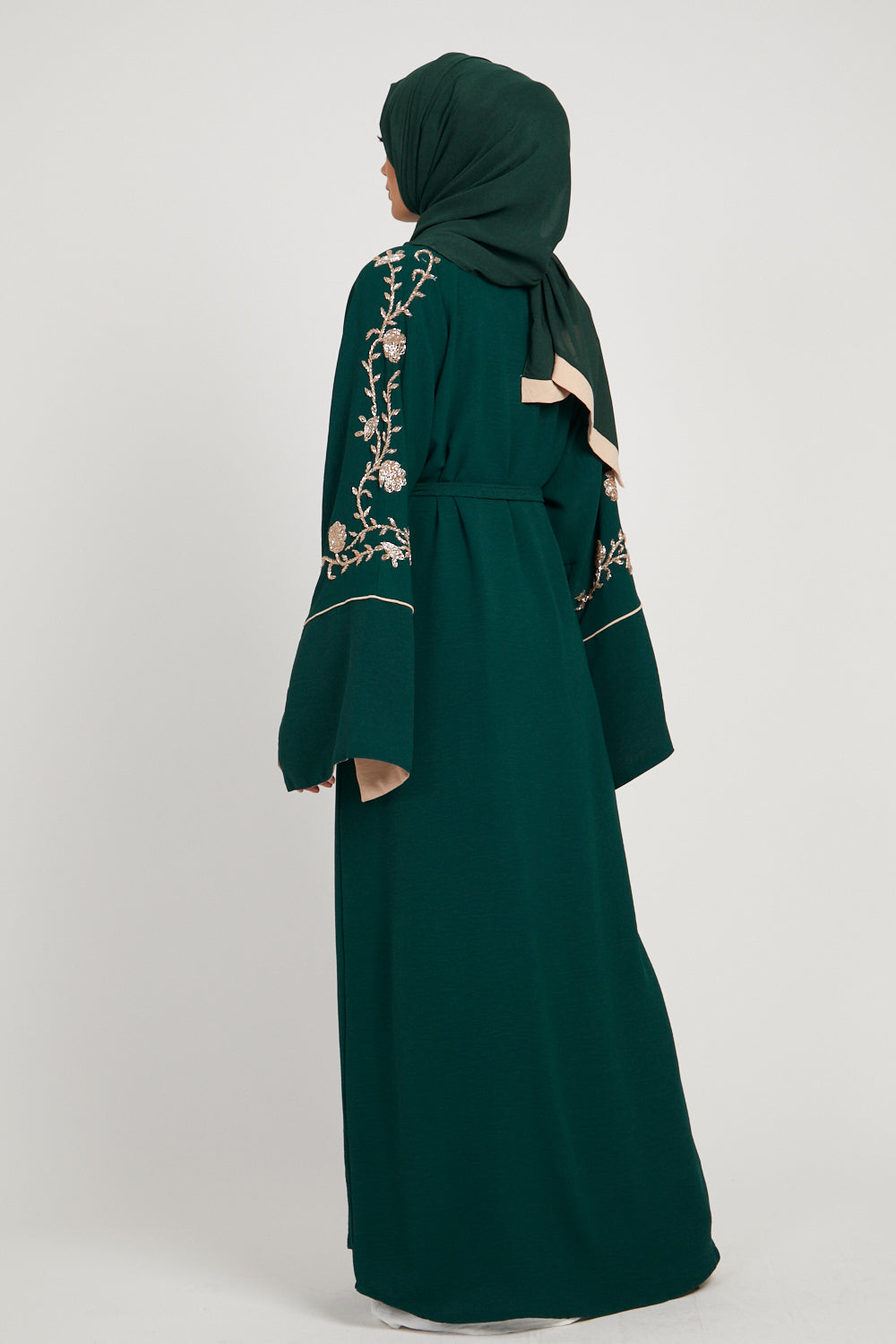 Emerald Green Open Abaya with Floral Detail and Contrast Cuffs