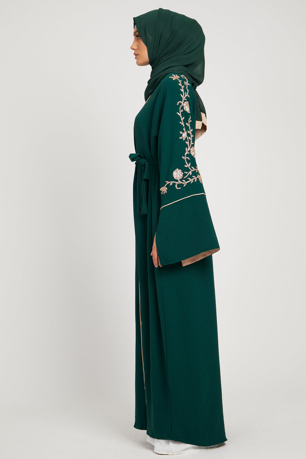 Emerald Green Open Abaya with Floral Detail and Contrast Cuffs