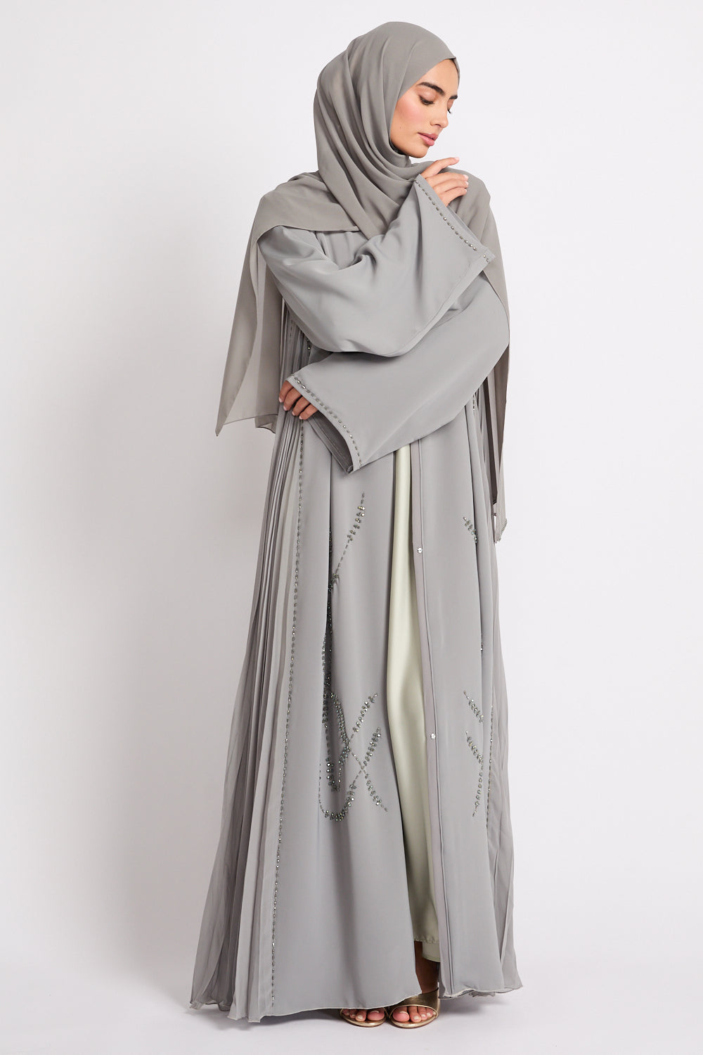 Light Gray Luxury Crystal Pleated Open Abaya