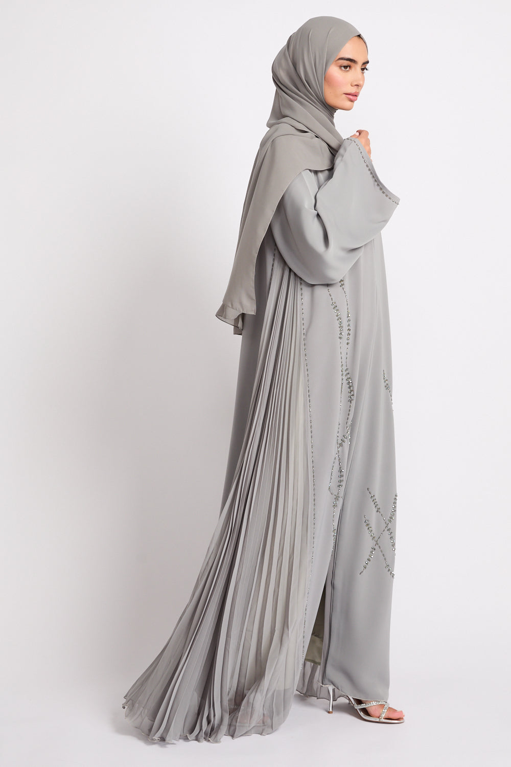 Light Gray Luxury Crystal Pleated Open Abaya