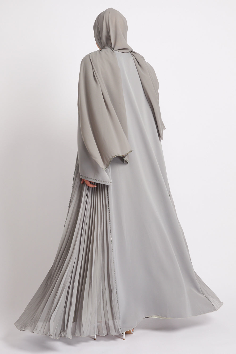Light Gray Luxury Crystal Pleated Open Abaya