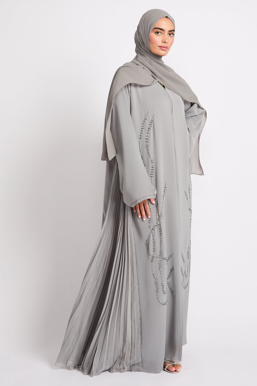 Light Gray Luxury Crystal Pleated Open Abaya