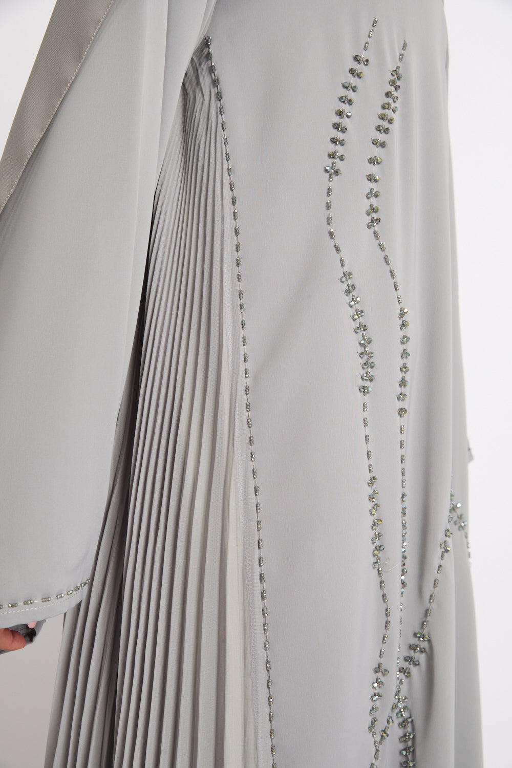 Light Gray Luxury Crystal Pleated Open Abaya