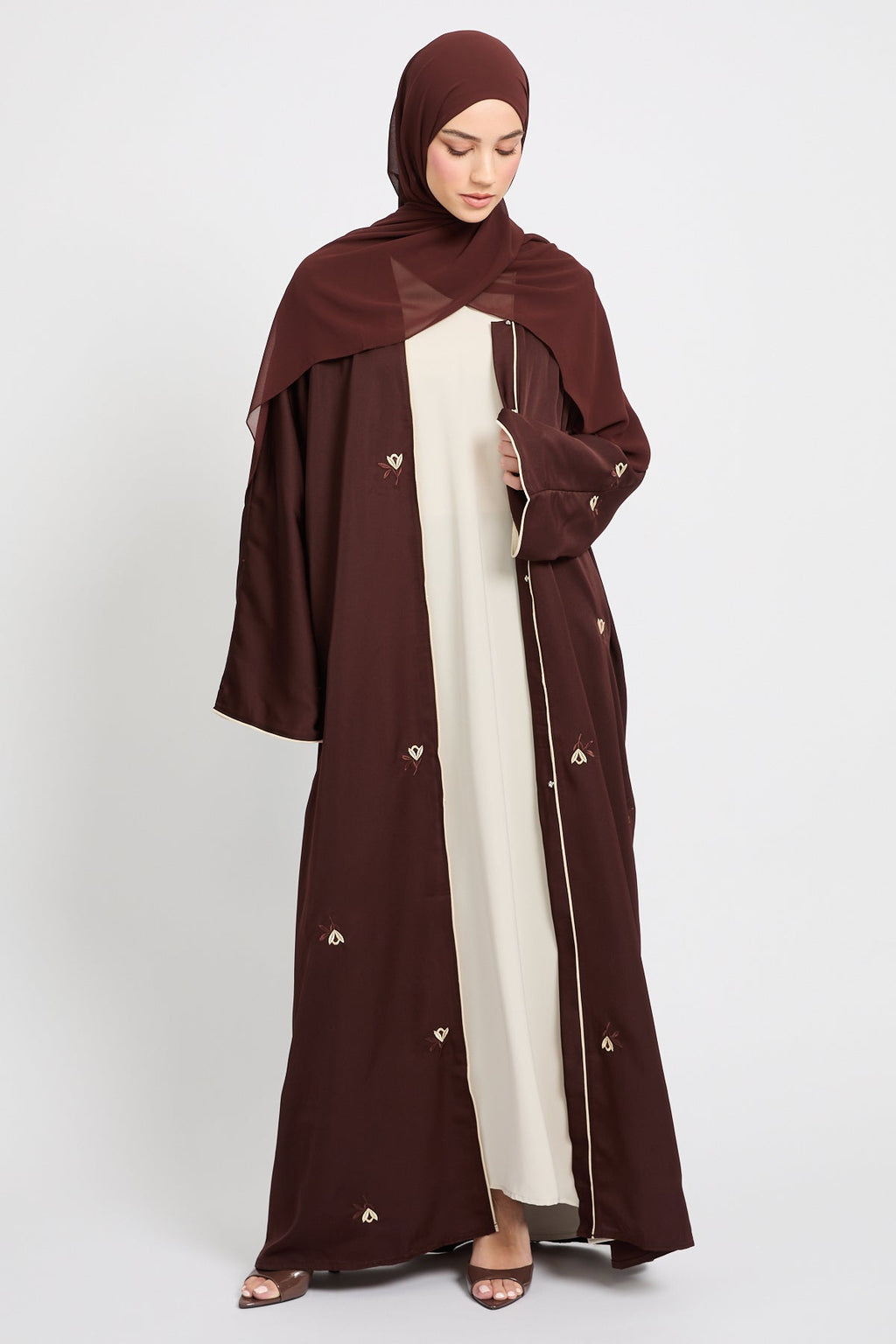 Dark Mocha Floral Embroidered Open Abaya
